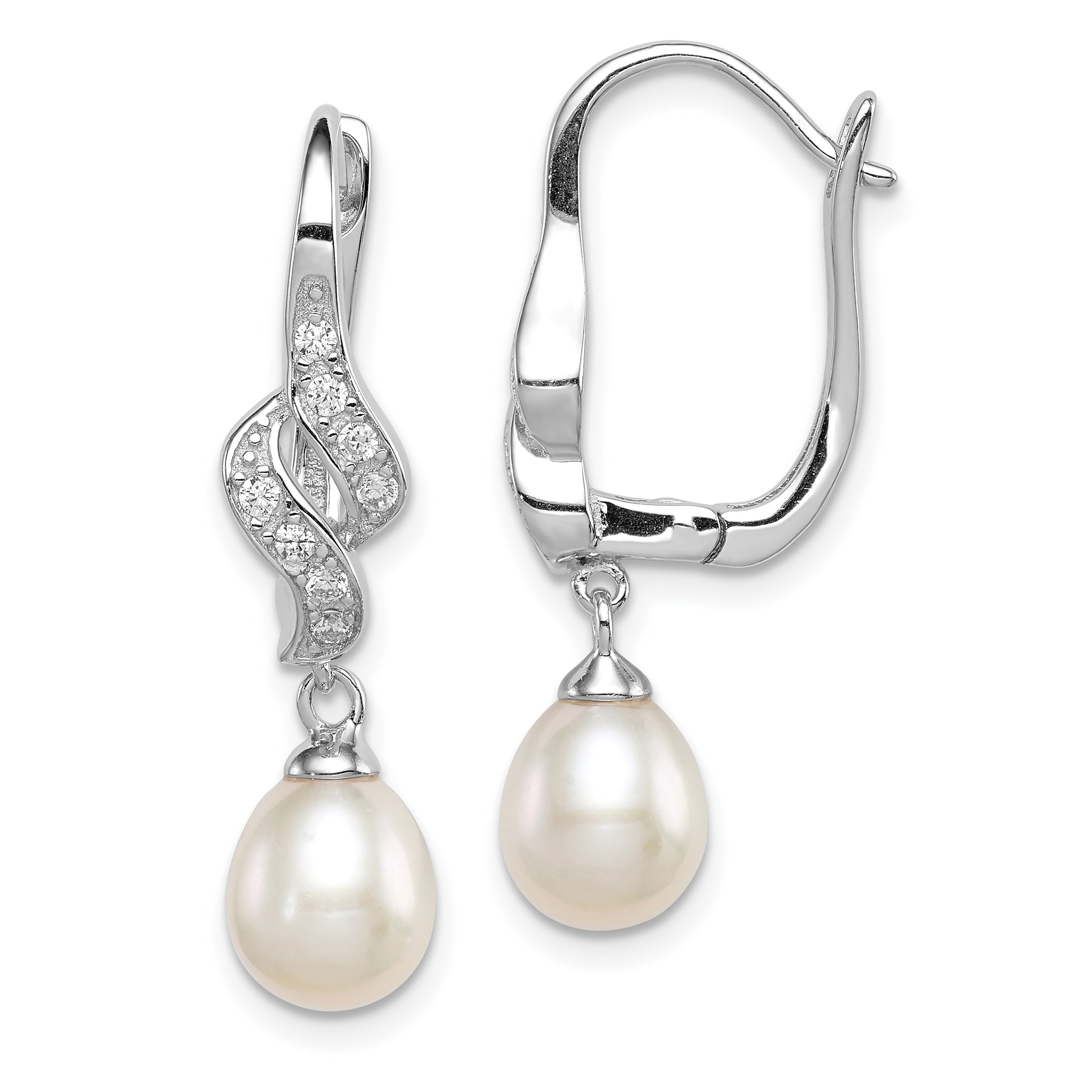 Sterling Silver Rhodium Plated Clear CZ and 7-8mm White Freshwater Cultured Pearl Dangle Leverback Earrings