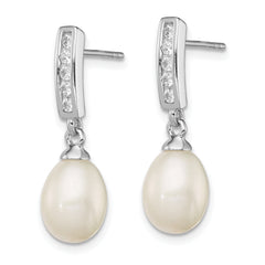 Sterling Silver Rhodium Plated Clear CZ and 8-9mm White Freshwater Cultured Pearl Dangle Post Earrings