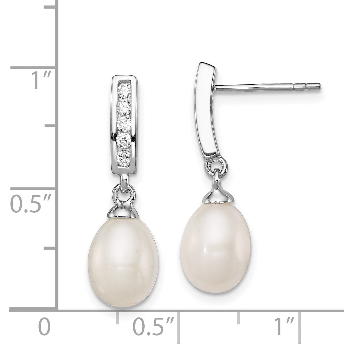 Sterling Silver Rhodium Plated Clear CZ and 8-9mm White Freshwater Cultured Pearl Dangle Post Earrings