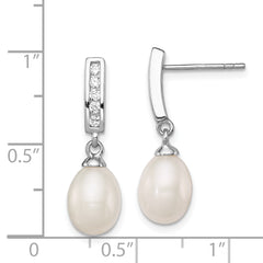 Sterling Silver Rhodium Plated Clear CZ and 8-9mm White Freshwater Cultured Pearl Dangle Post Earrings