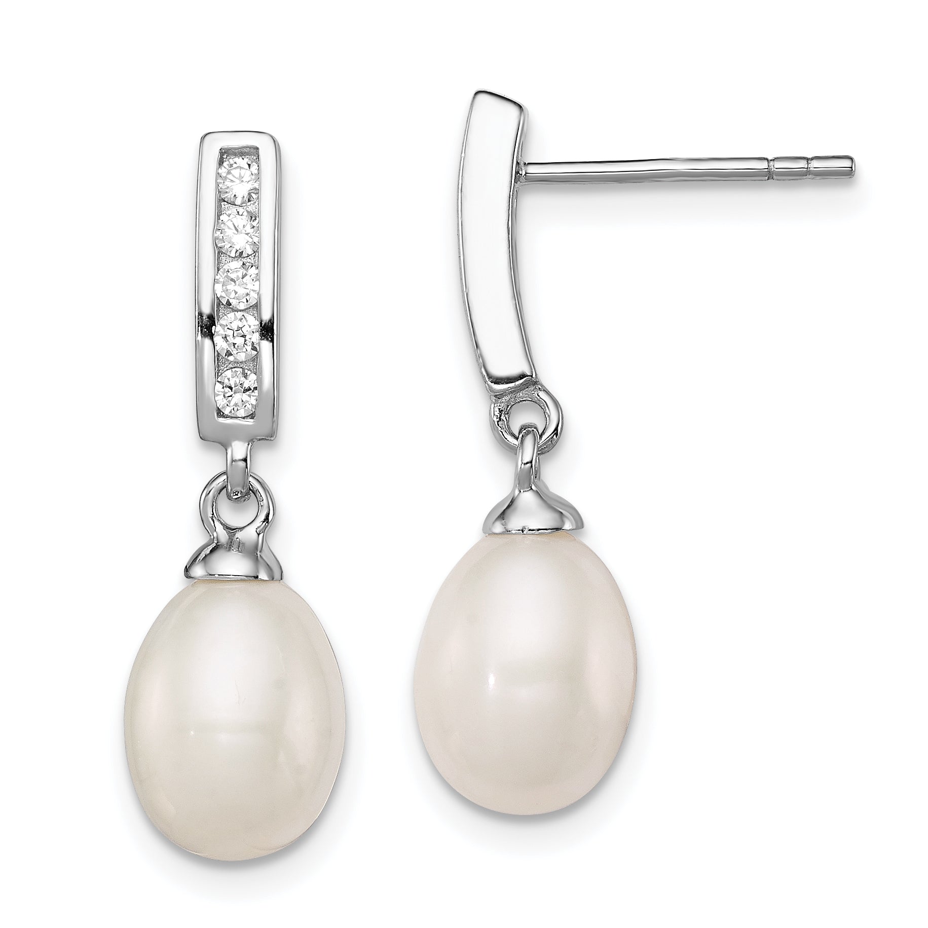 Sterling Silver Rhodium Plated Clear CZ and 8-9mm White Freshwater Cultured Pearl Dangle Post Earrings