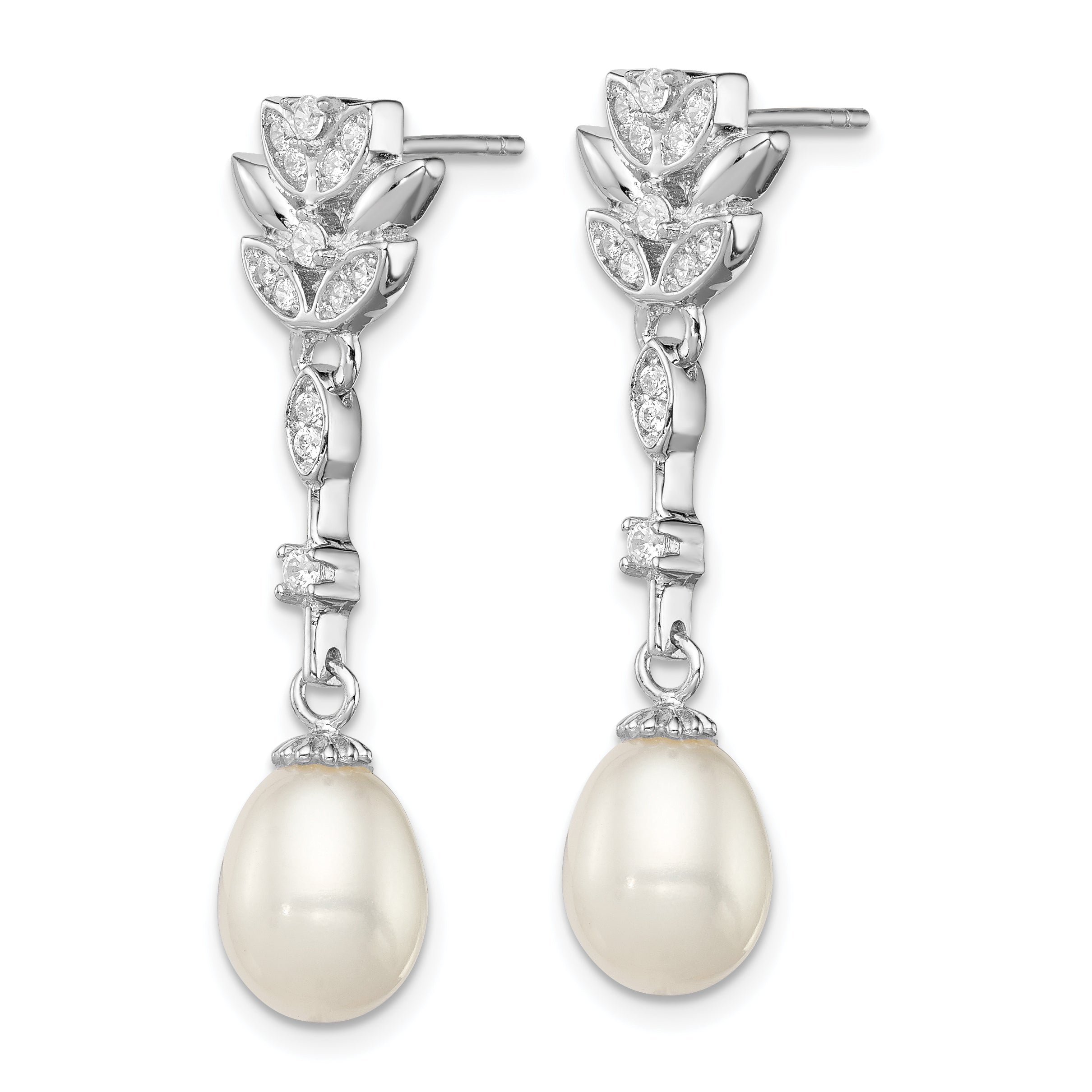 Sterling Silver Rhodium Plated Clear CZ and 8-9mm White Freshwater Cultured Pearl Dangle Post Earrings