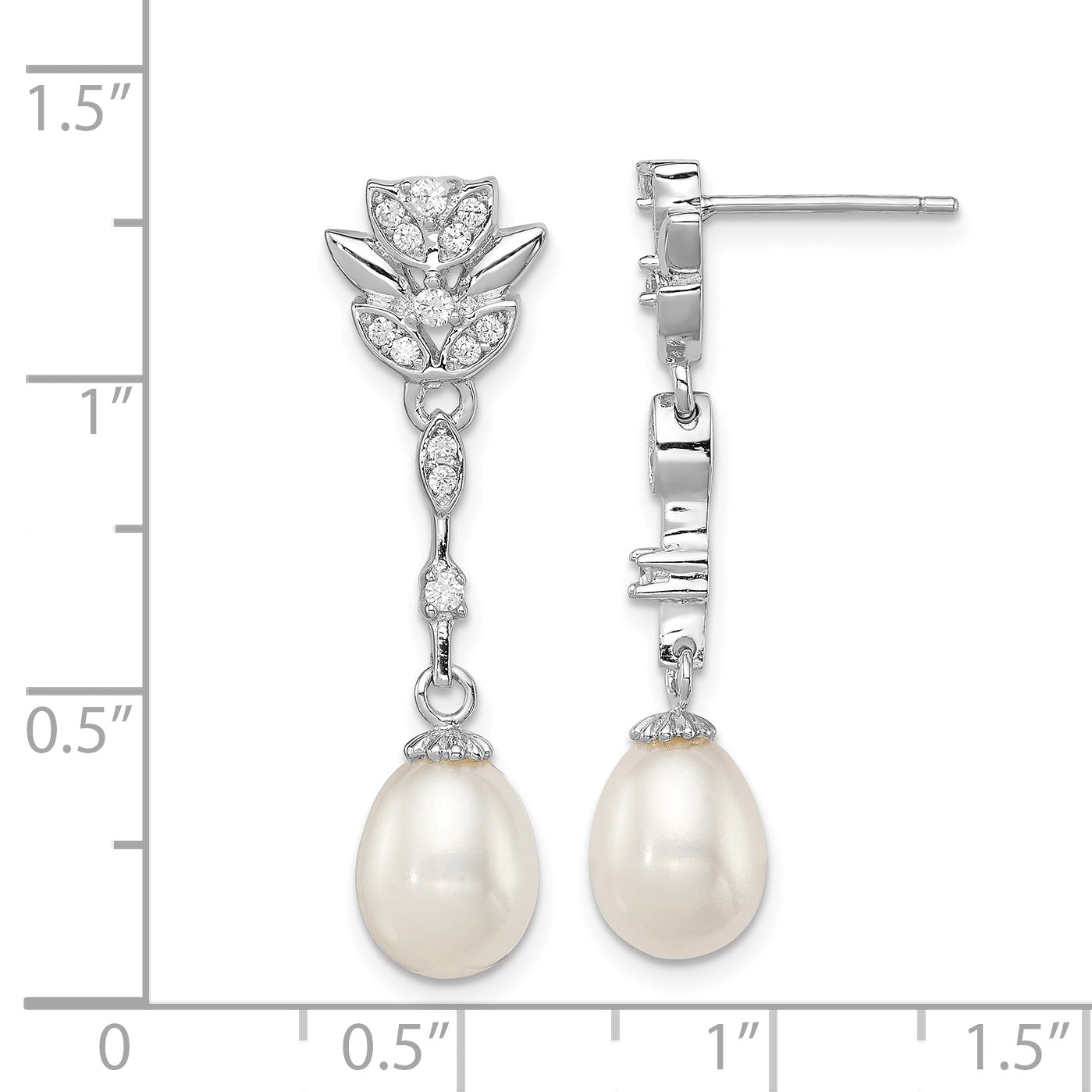 Sterling Silver Rhodium Plated Clear CZ and 8-9mm White Freshwater Cultured Pearl Dangle Post Earrings