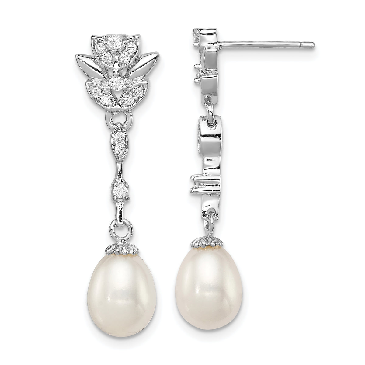 Sterling Silver Rhodium Plated Clear CZ and 8-9mm White Freshwater Cultured Pearl Dangle Post Earrings