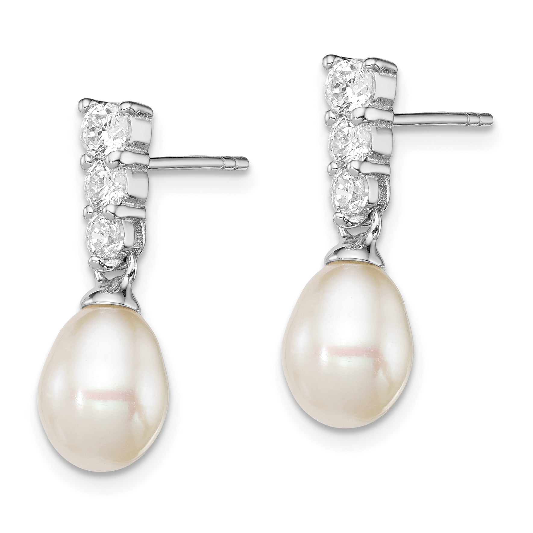 Sterling Silver Rhodium Plated Clear CZ and 7-8mm White Freashwater Cultured Pearl Dangle Post Earrings