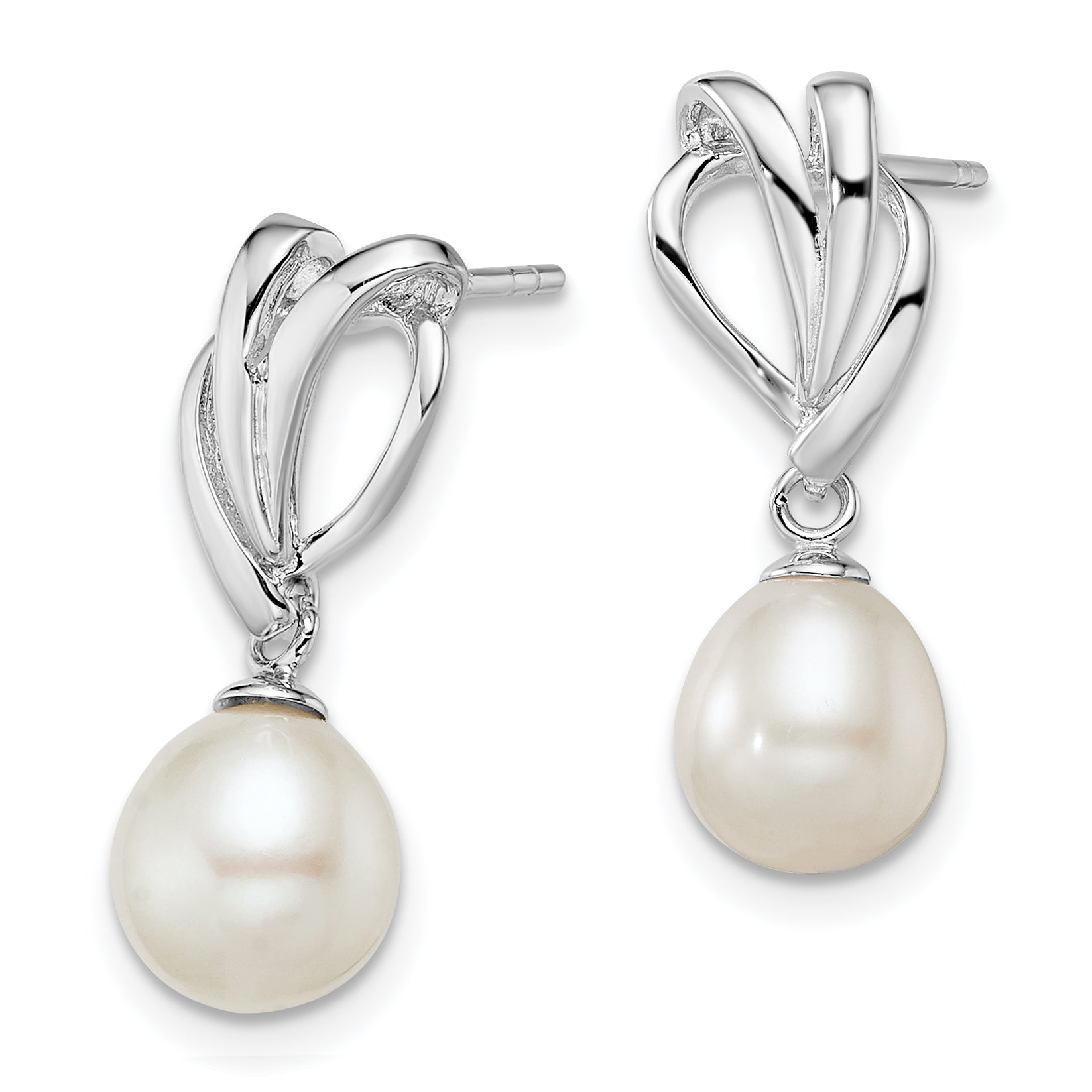 Sterling Silver Rhodium Plated Clear CZ and 7-8mm White Freshwater Cultured Pearl Dangle Post Earrings