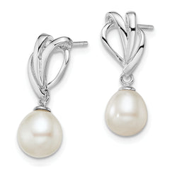 Sterling Silver Rhodium Plated Clear CZ and 7-8mm White Freshwater Cultured Pearl Dangle Post Earrings