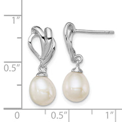 Sterling Silver Rhodium Plated Clear CZ and 7-8mm White Freshwater Cultured Pearl Dangle Post Earrings