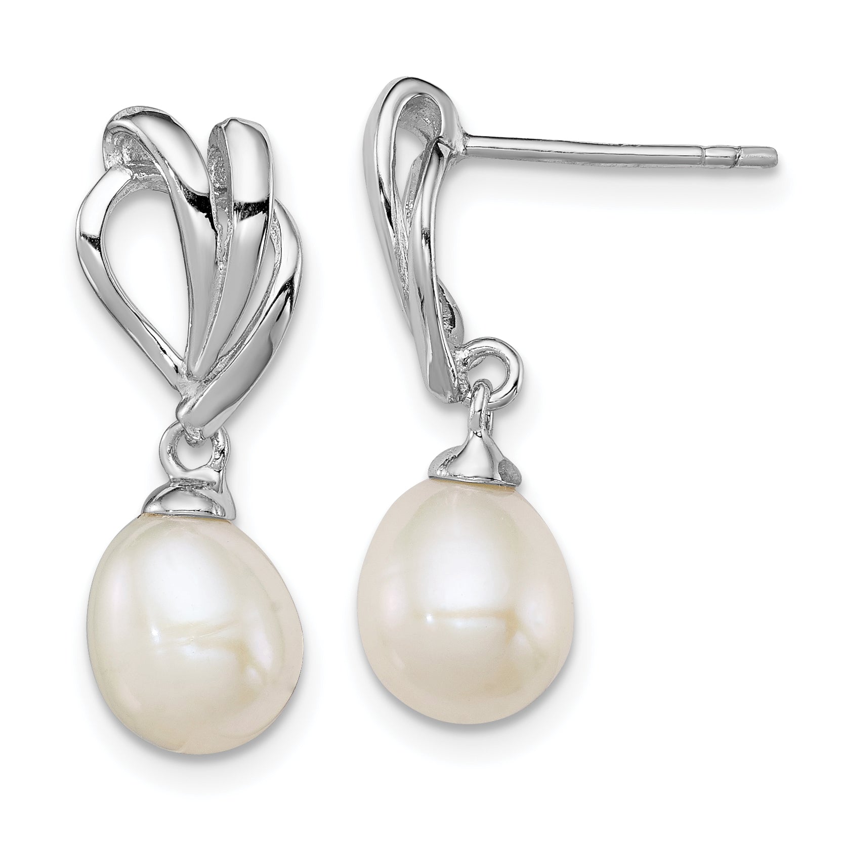 Sterling Silver Rhodium Plated Clear CZ and 7-8mm White Freshwater Cultured Pearl Dangle Post Earrings