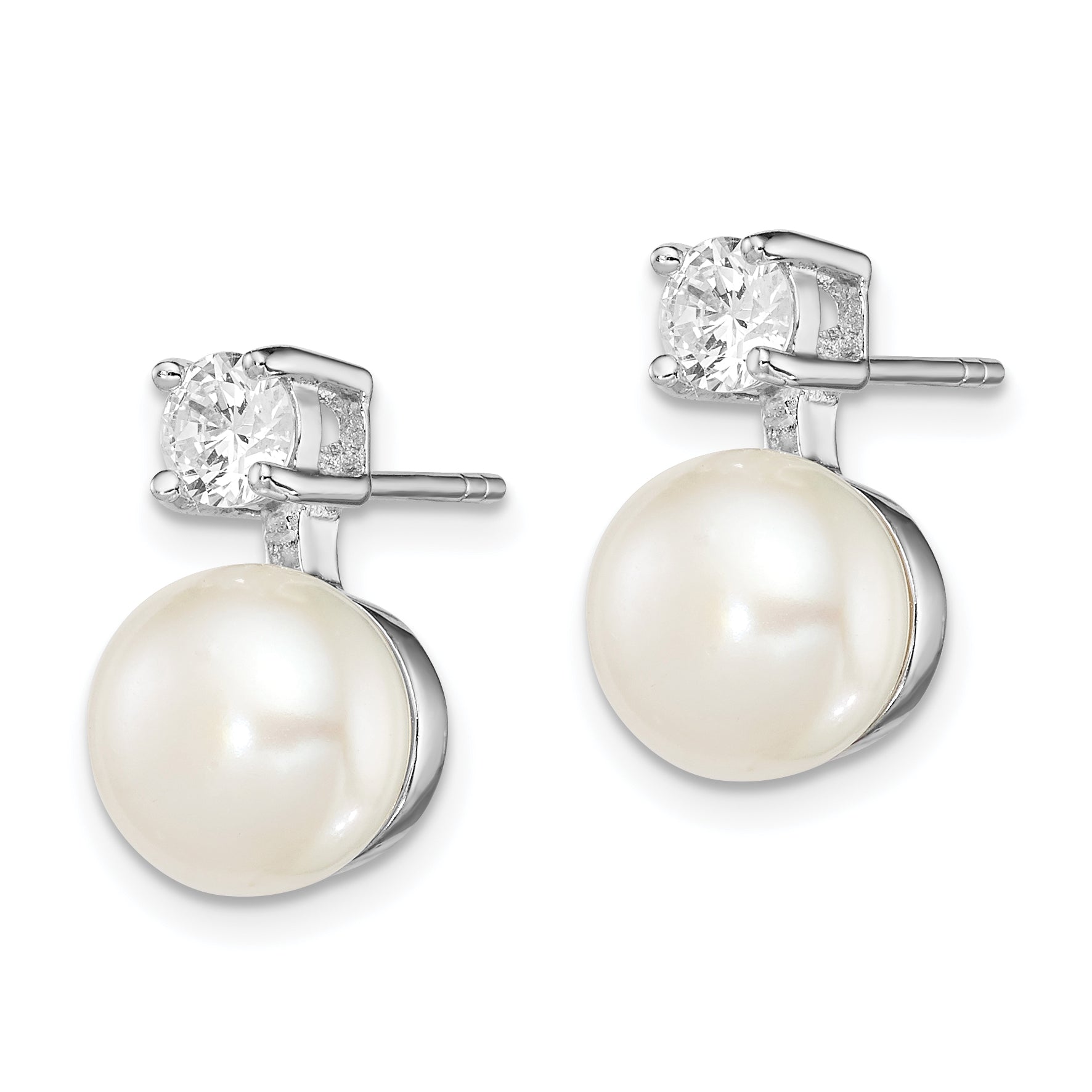 Sterling Silver Rhodium Plated 7-8mm White Freshwater Cultured Pearl and Clear CZ Post Earrings