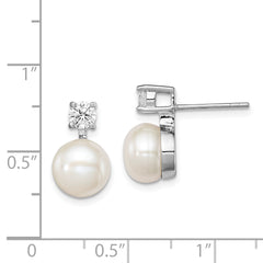 Sterling Silver Rhodium Plated 7-8mm White Freshwater Cultured Pearl and Clear CZ Post Earrings