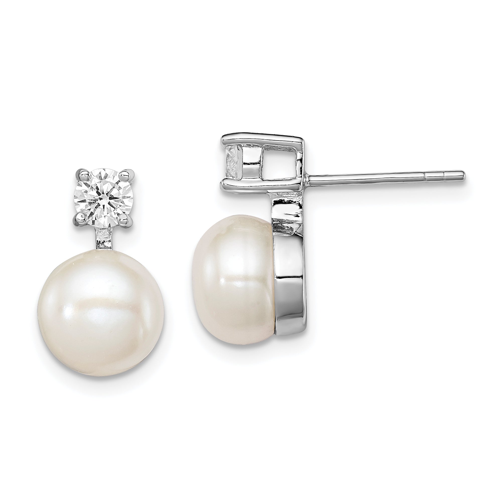 Sterling Silver Rhodium Plated 7-8mm White Freshwater Cultured Pearl and Clear CZ Post Earrings