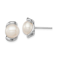 Sterling Silver Rhodium Plated 8-9mm White Freshwater Cultured Pearl Post Stud Earrings