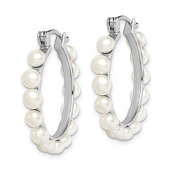 Sterling Silver Rhodium Plated 4-5mm White Freshwater Cultured Pearl Hoop Earrings