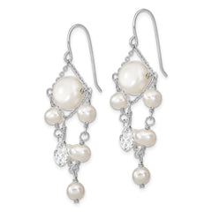 Sterling Silver Rhodium-plated Polished White 5-10mm Freshwater Cultured Pearl and Crystal Dangle Earrings