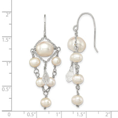 Sterling Silver Rhodium-plated Polished White 5-10mm Freshwater Cultured Pearl and Crystal Dangle Earrings