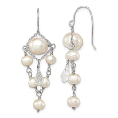 Sterling Silver Rhodium-plated Polished White 5-10mm Freshwater Cultured Pearl and Crystal Dangle Earrings