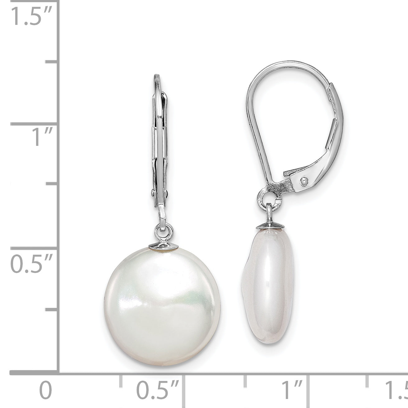 Sterling Silver Rhodium-plated Polished White 12-13mm Coin Freshwater Cultured Pearl Leverback Dangle Earrings