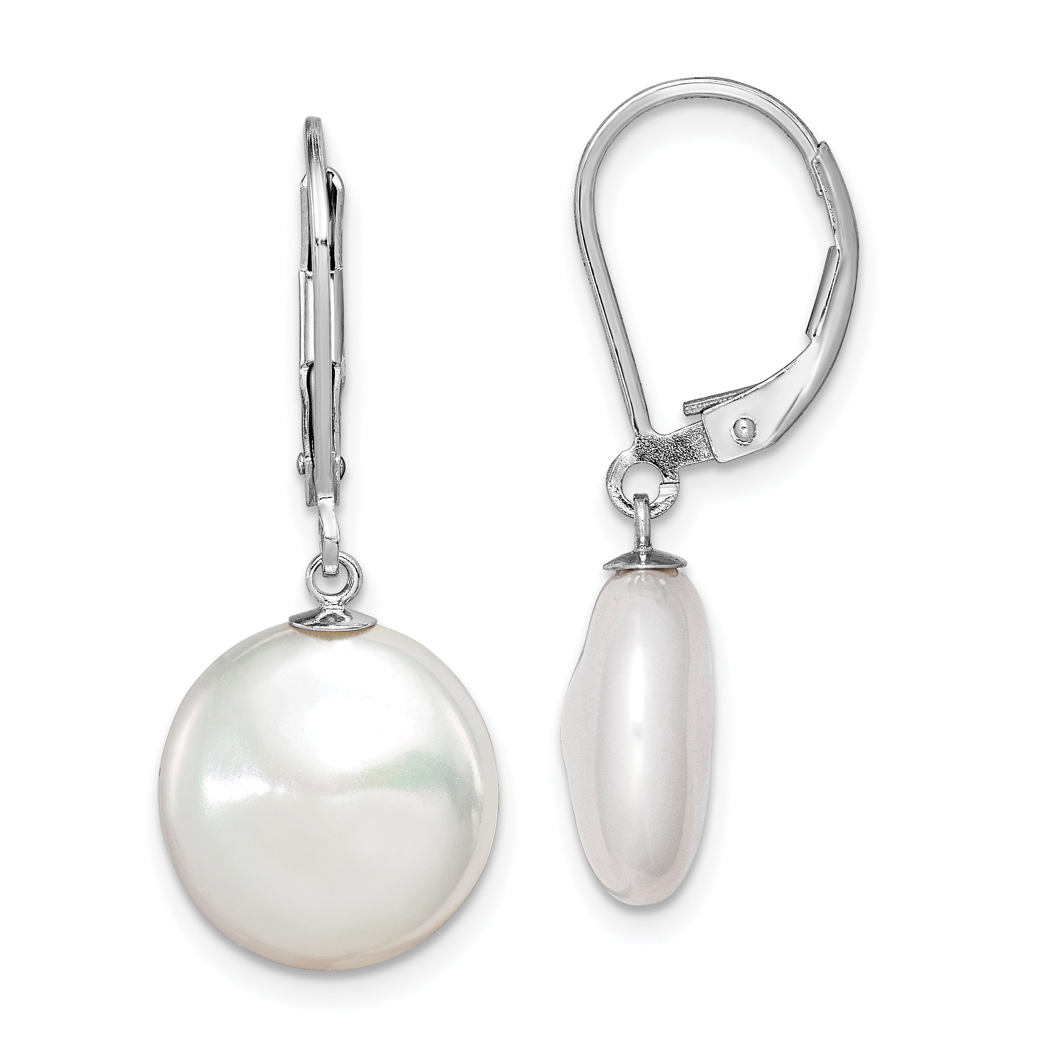 Sterling Silver Rhodium-plated Polished White 12-13mm Coin Freshwater Cultured Pearl Leverback Dangle Earrings