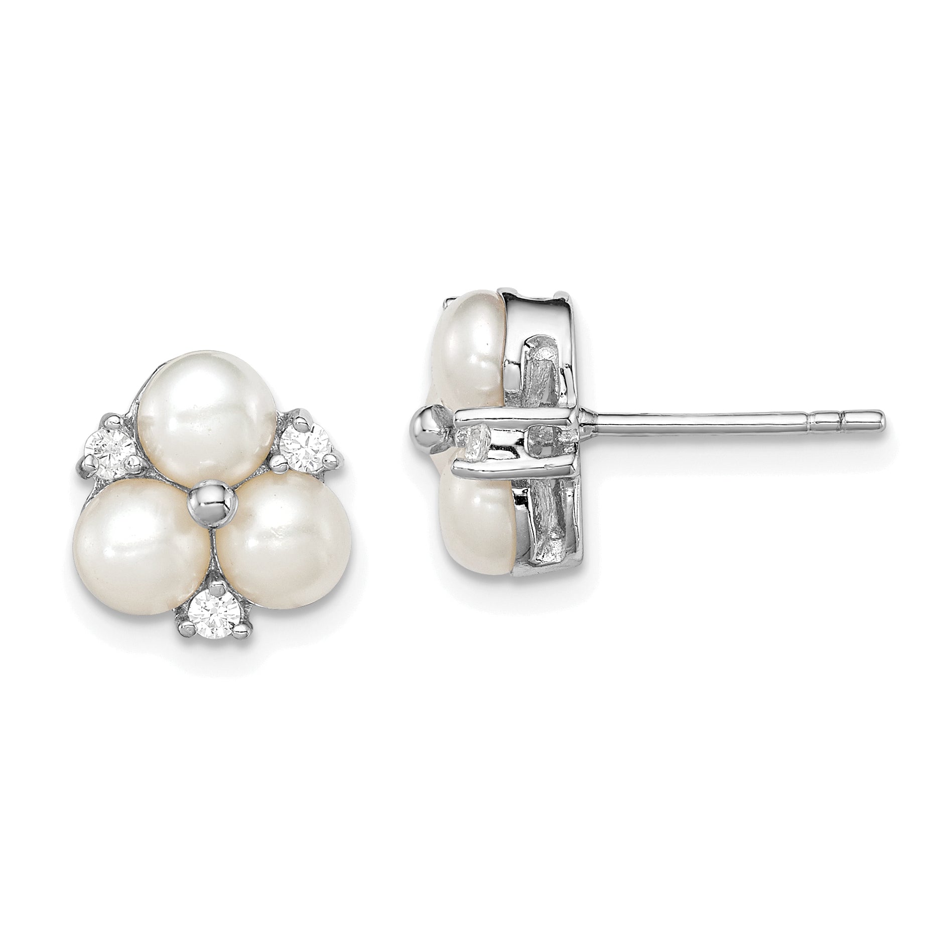 Sterling Silver Rhodium Plated Clear CZ and Three 5-6mm White Freshwater Cultured Pearl Cluster Post Earrings