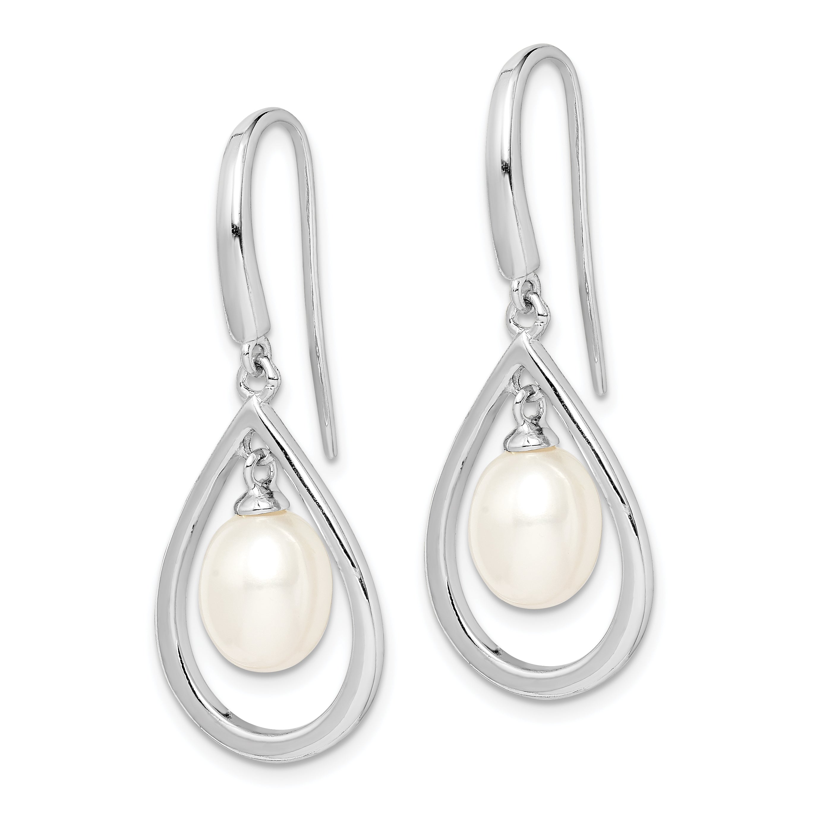 Sterling Silver Rhodium Plated 6-7mm White Freshwater Cultured Pearl Dangle Earrings