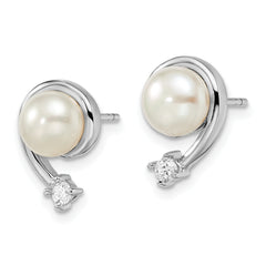 Sterling Silver Rhodium Plated Clear CZ and 7-8mm White Freshwater Cultured Pearl Post Earrings