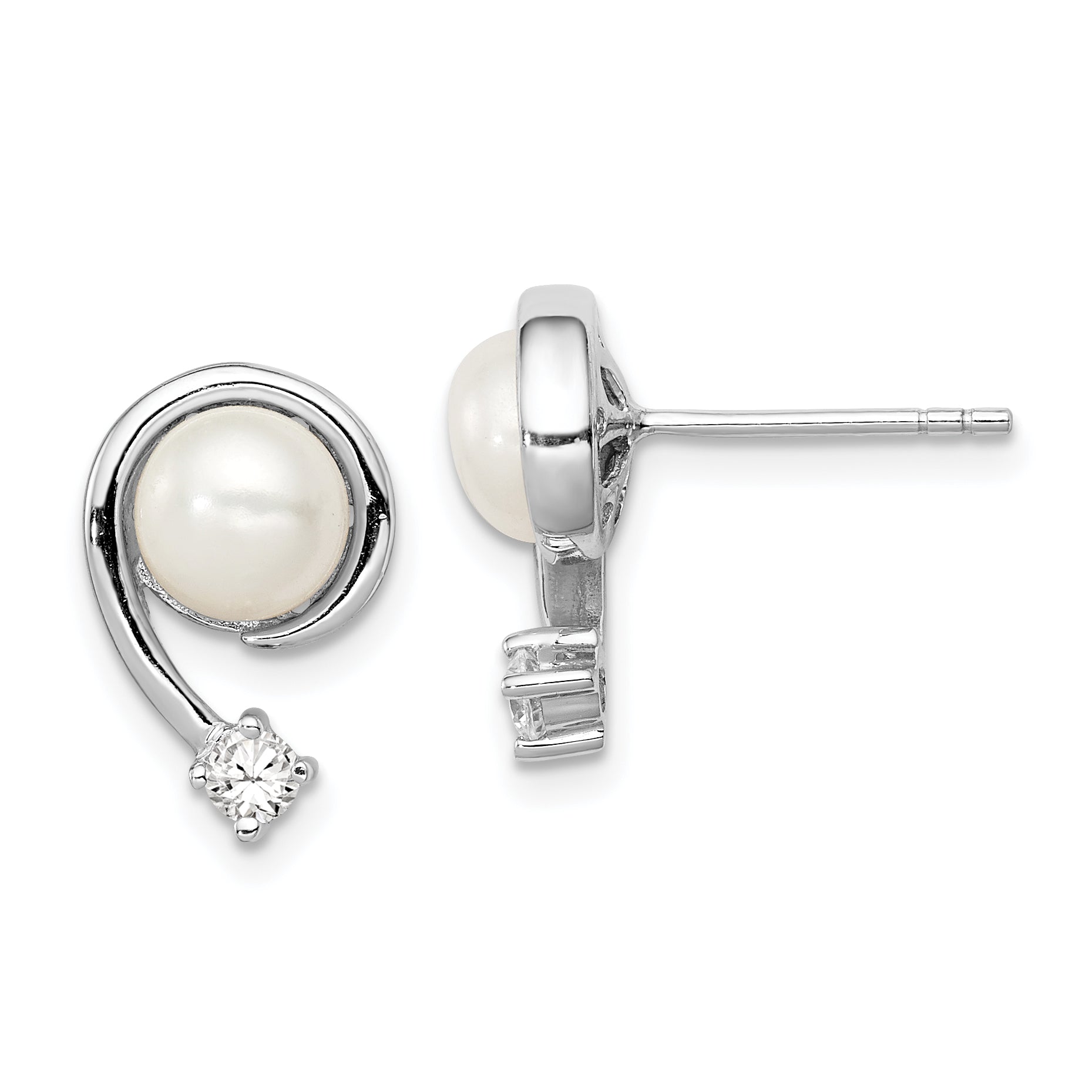 Sterling Silver Rhodium Plated Clear CZ and 7-8mm White Freshwater Cultured Pearl Post Earrings