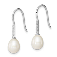 Sterling Silver Rhodium Plated Clear CZ and 7-8mm White Freshwater Cultured Pearl Dangle Earrings