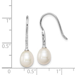 Sterling Silver Rhodium Plated Clear CZ and 7-8mm White Freshwater Cultured Pearl Dangle Earrings