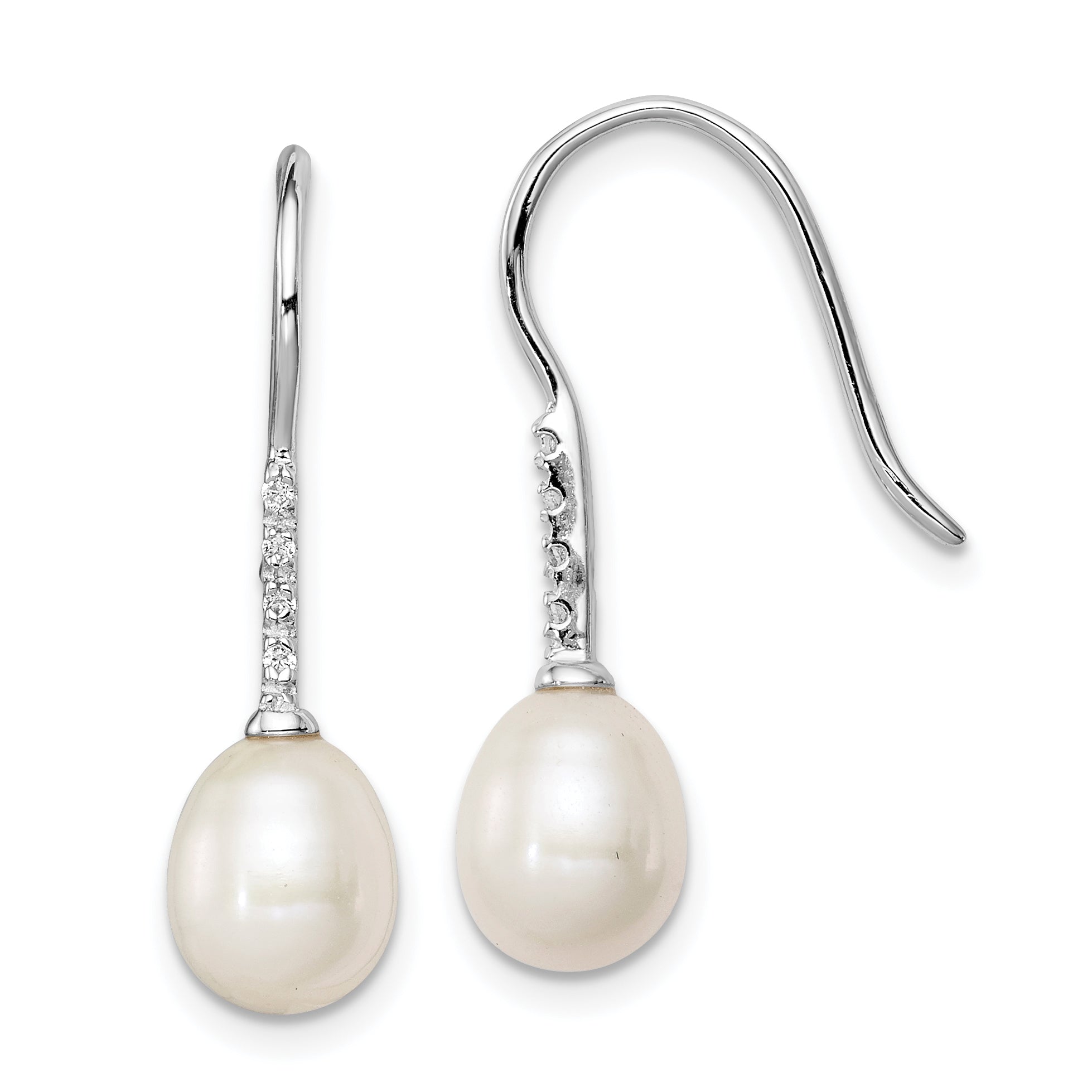 Sterling Silver Rhodium Plated Clear CZ and 7-8mm White Freshwater Cultured Pearl Dangle Earrings