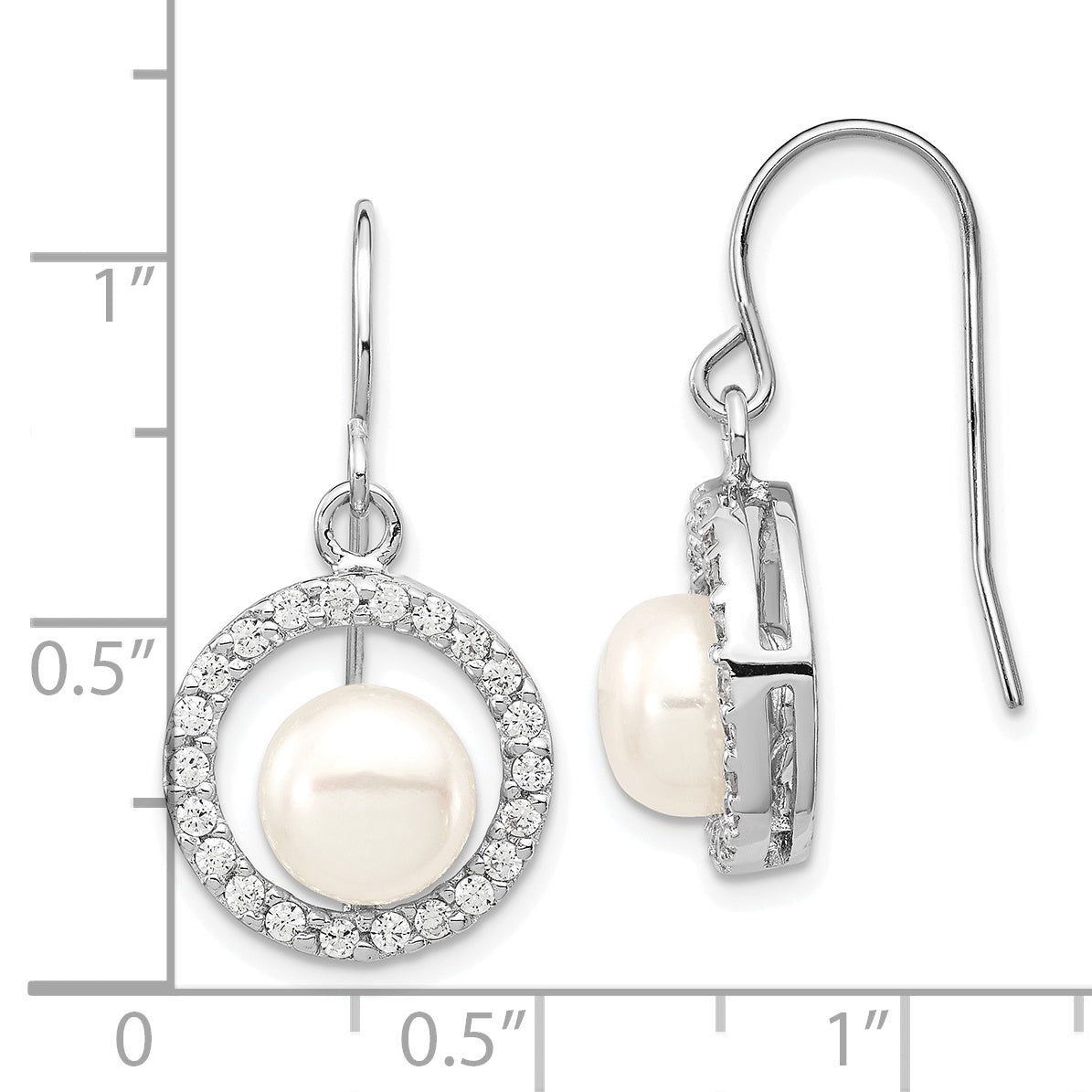 Sterling Silver Rhodium Plated Clear CZ Circle and 7-8mm White Freshwater Cultured Pearl Dangle Earrings