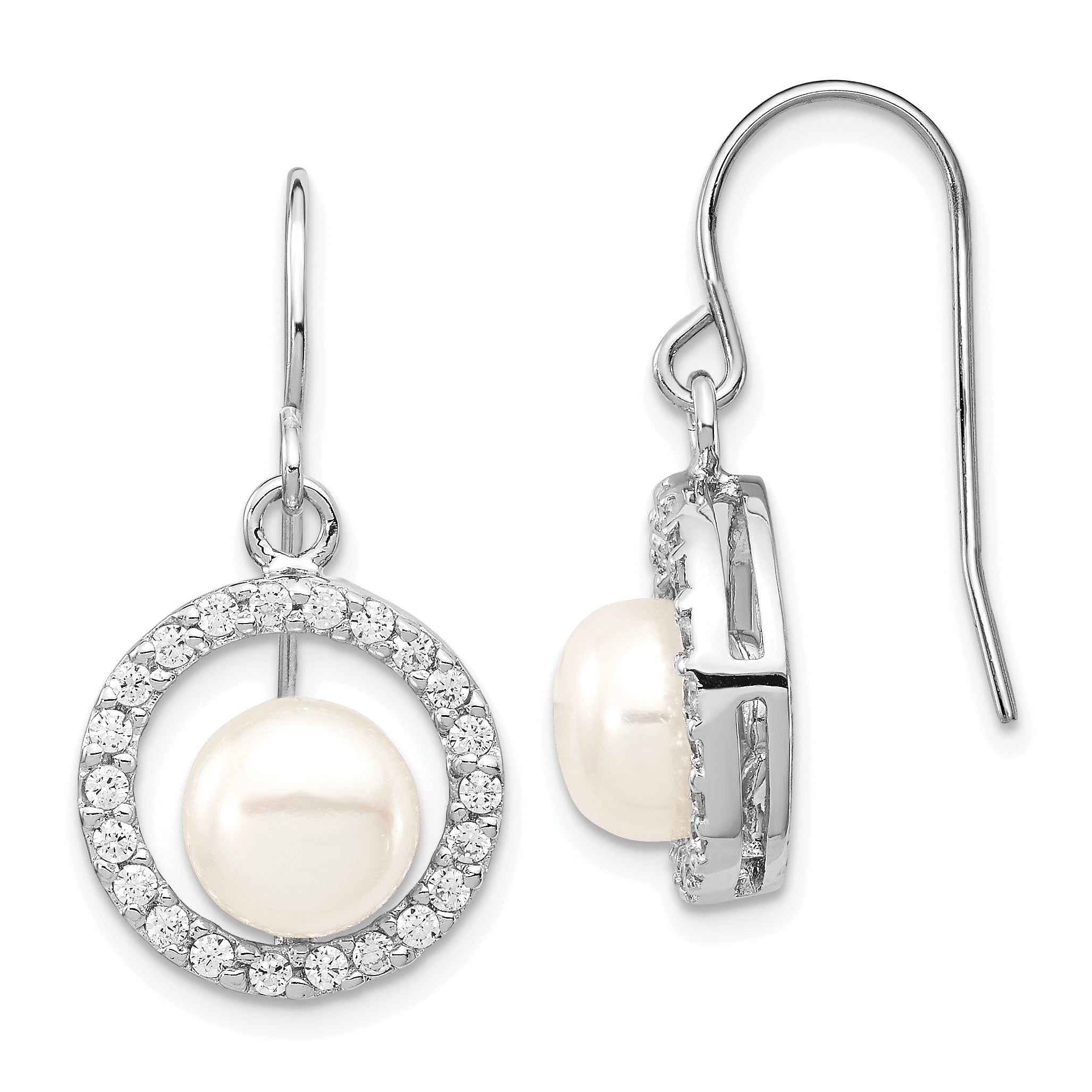 Sterling Silver Rhodium Plated Clear CZ Circle and 7-8mm White Freshwater Cultured Pearl Dangle Earrings