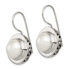 Sterling Silver Polished & Antiqued Fancy Filigree White 12-13mm Freshwater Cultured Mabe Pearl Dangle Earrings