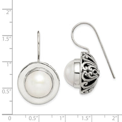 Sterling Silver Polished & Antiqued Fancy Filigree White 12-13mm Freshwater Cultured Mabe Pearl Dangle Earrings