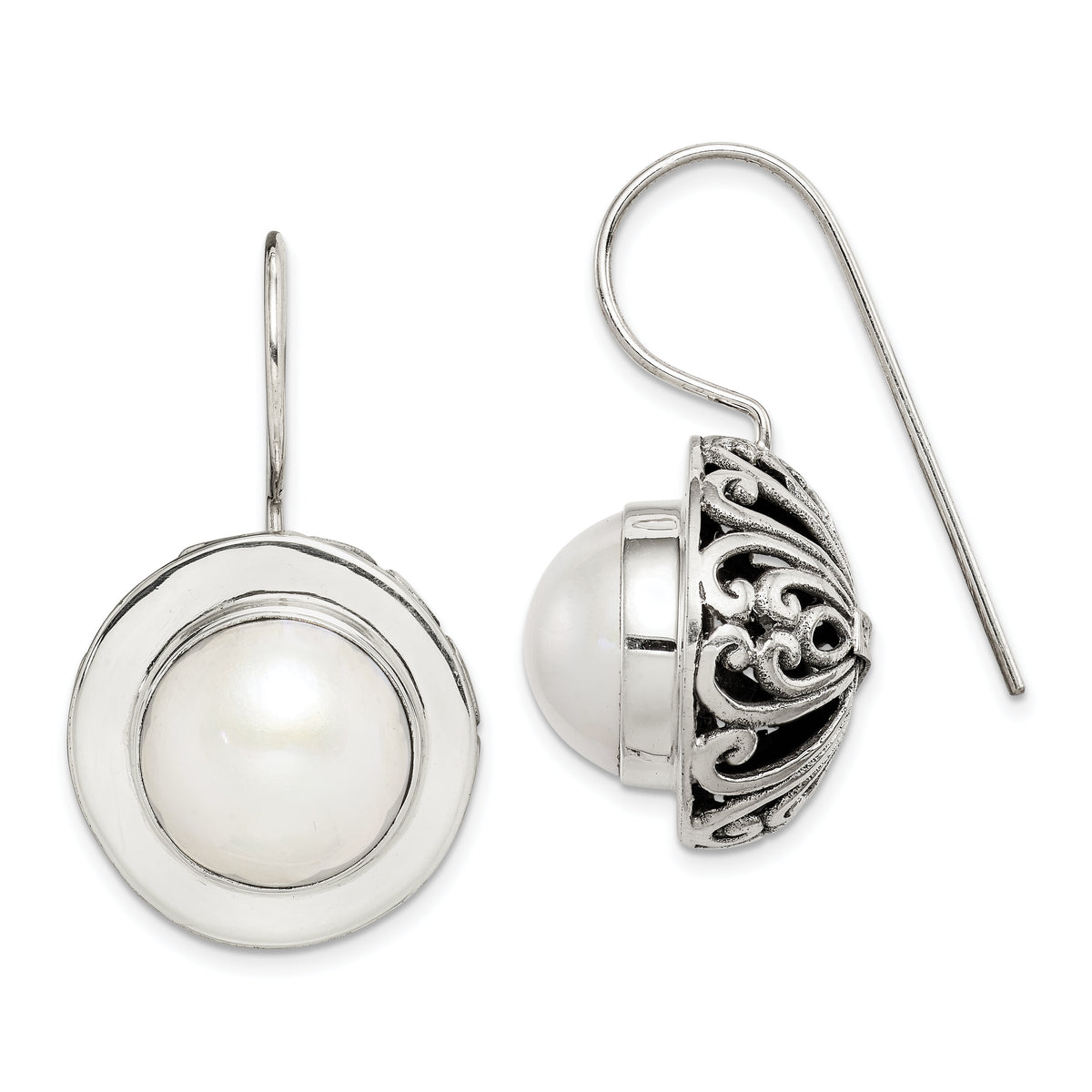 Sterling Silver Polished & Antiqued Fancy Filigree White 12-13mm Freshwater Cultured Mabe Pearl Dangle Earrings