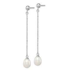 Sterling Silver Rhodium Plated 7-8mm White Freshwater Cultured Pearl Long Dangle Post Earrings