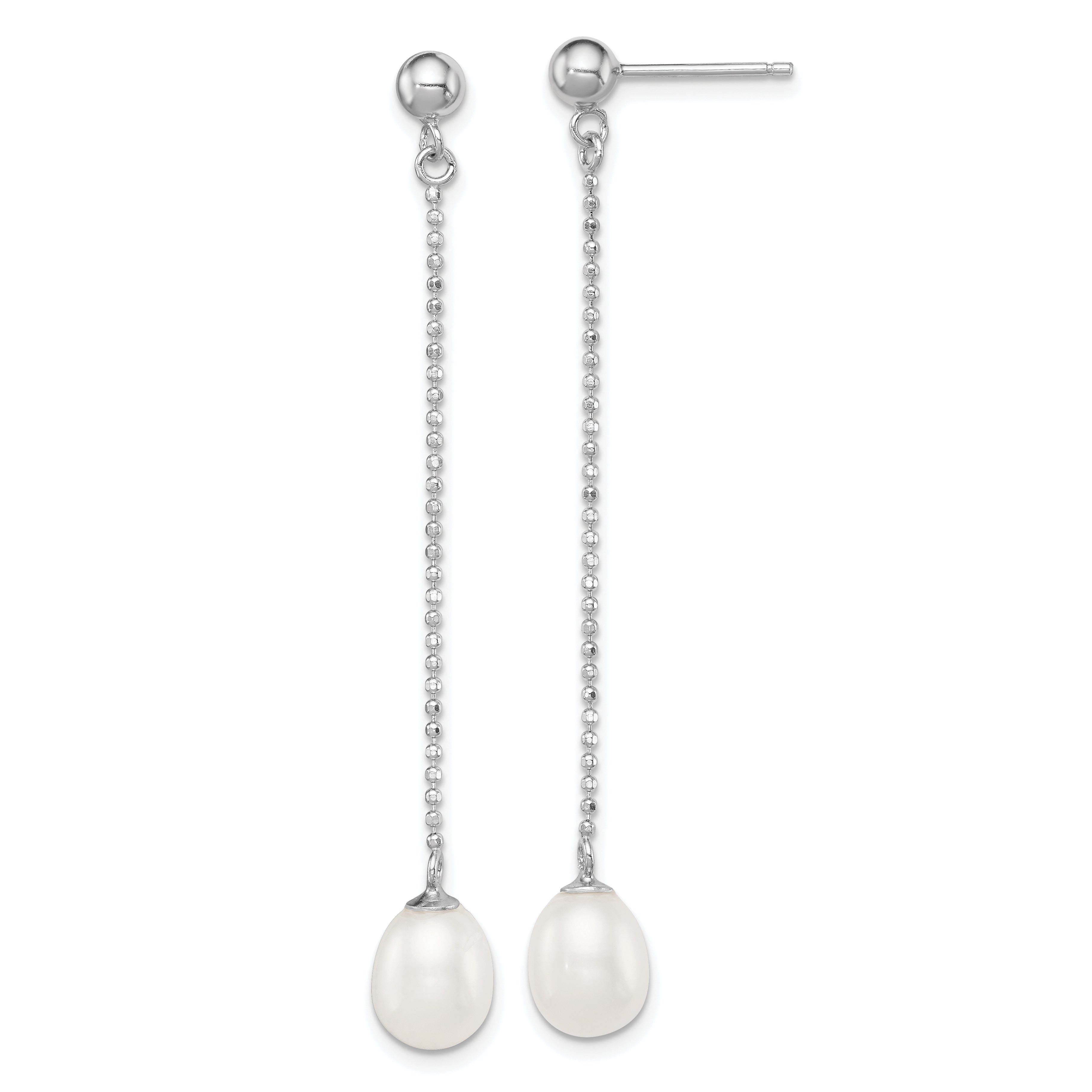 Sterling Silver Rhodium Plated 7-8mm White Freshwater Cultured Pearl Long Dangle Post Earrings