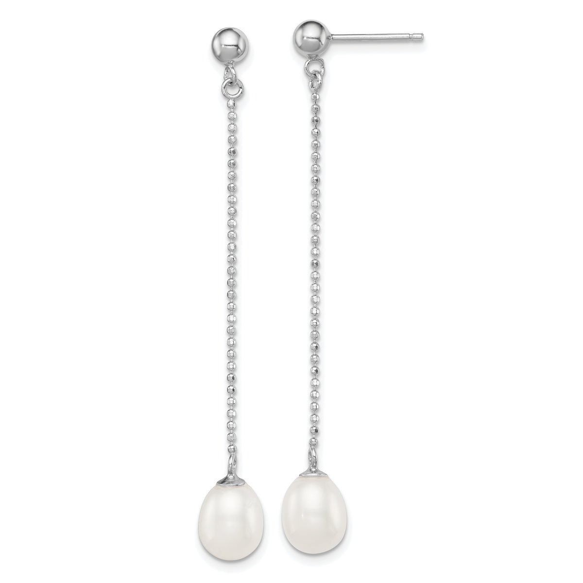 Sterling Silver Rhodium Plated 7-8mm White Freshwater Cultured Pearl Long Dangle Post Earrings