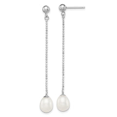 Sterling Silver Rhodium Plated 7-8mm White Freshwater Cultured Pearl Long Dangle Post Earrings