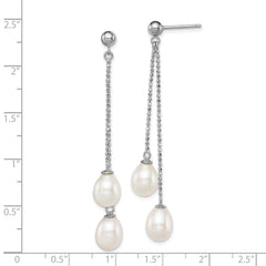 Sterling Silver Rhodium Plated 7-8mm White Freshwater Cultured Pearl Long Dangle Post Earrings