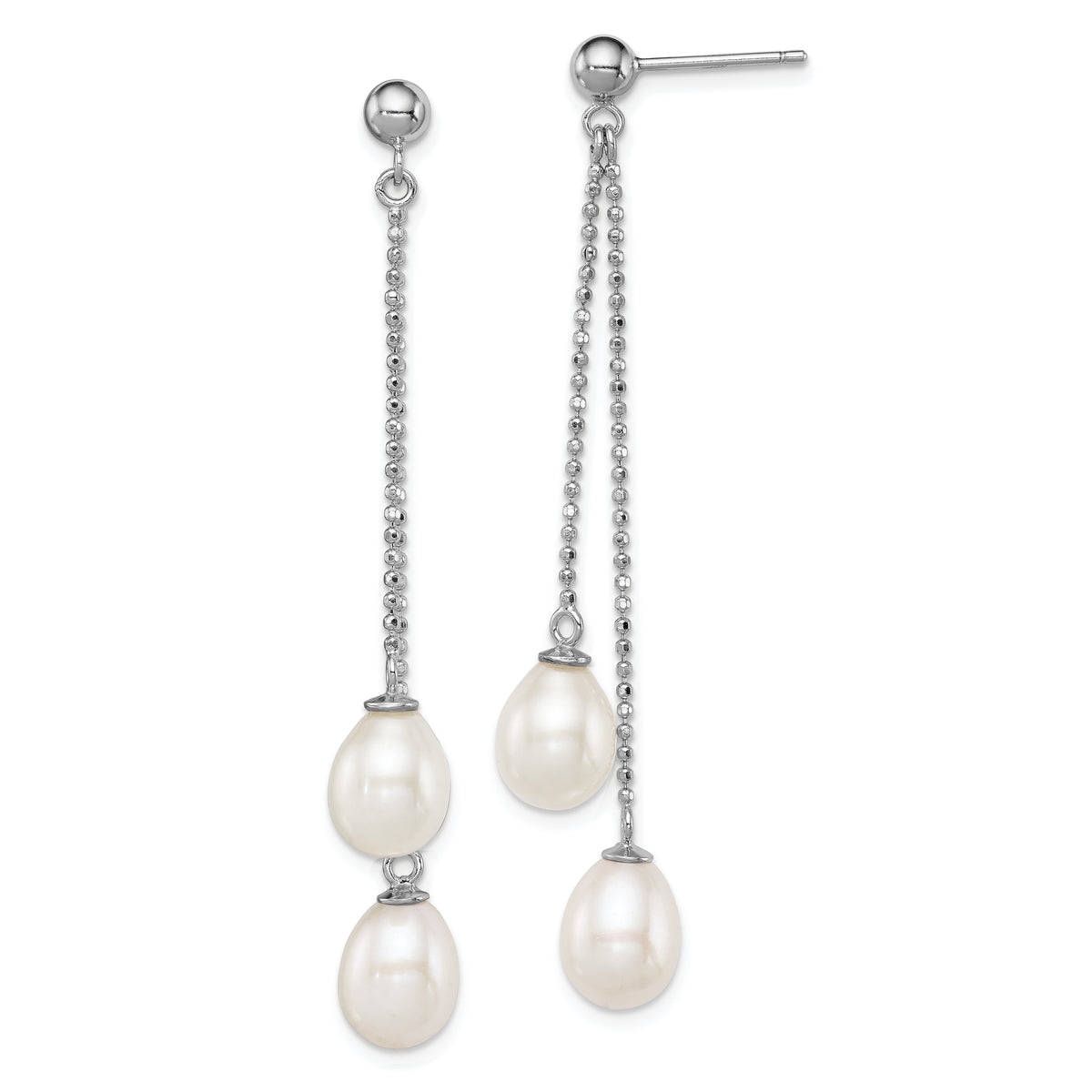 Sterling Silver Rhodium Plated 7-8mm White Freshwater Cultured Pearl Long Dangle Post Earrings