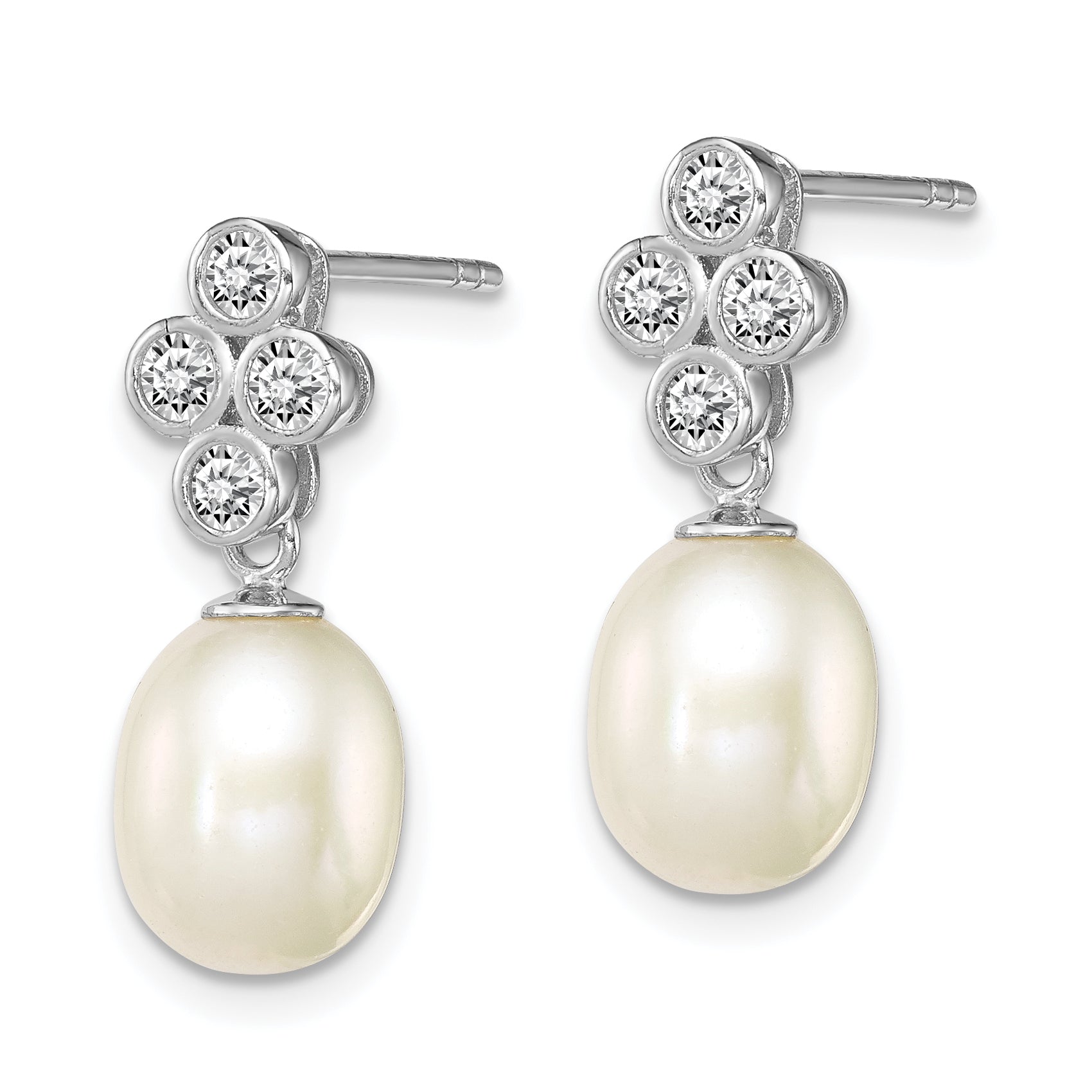 Sterling Silver Rhodium Plate Clear CZ and 7-8mm White Freshwater Cultured Pearl Dangle Post Earrings