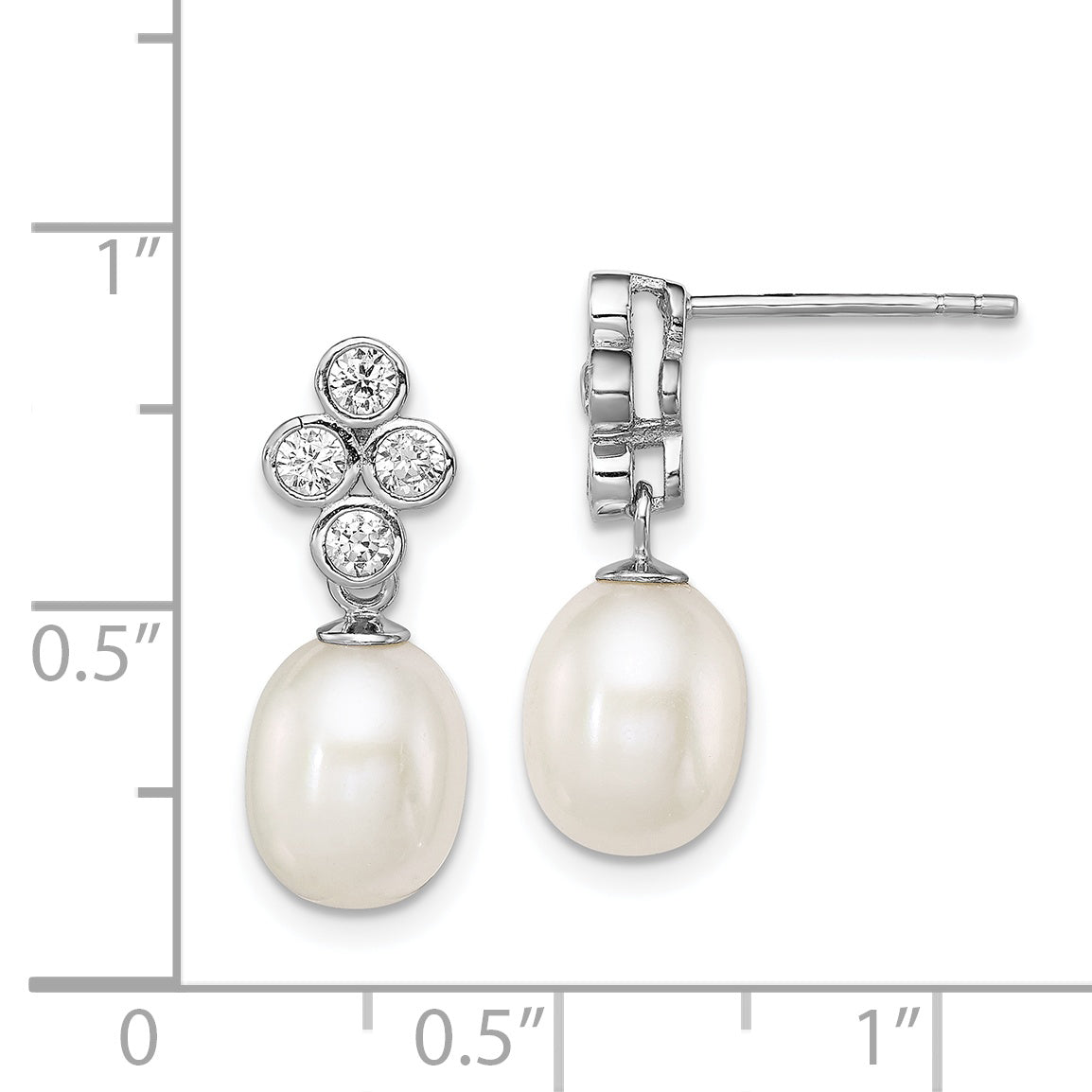 Sterling Silver Rhodium Plate Clear CZ and 7-8mm White Freshwater Cultured Pearl Dangle Post Earrings