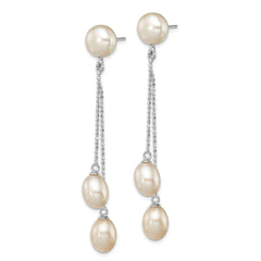 Sterling Silver Rhodium Plated Three 6-9mm White Freshwater Cultured Pearl Dangle Post Earrings