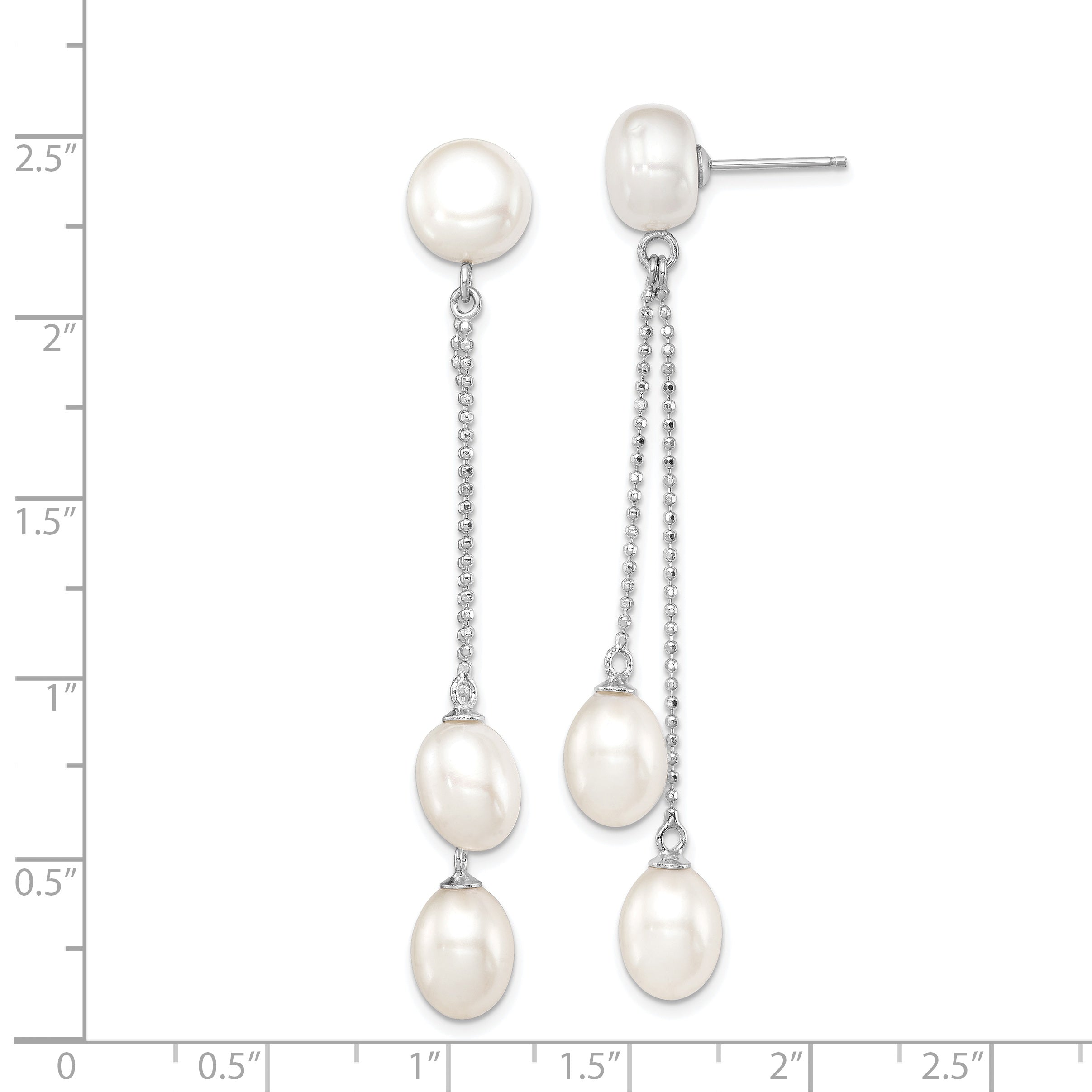 Sterling Silver Rhodium Plated Three 6-9mm White Freshwater Cultured Pearl Dangle Post Earrings