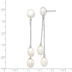 Sterling Silver Rhodium Plated Three 6-9mm White Freshwater Cultured Pearl Dangle Post Earrings