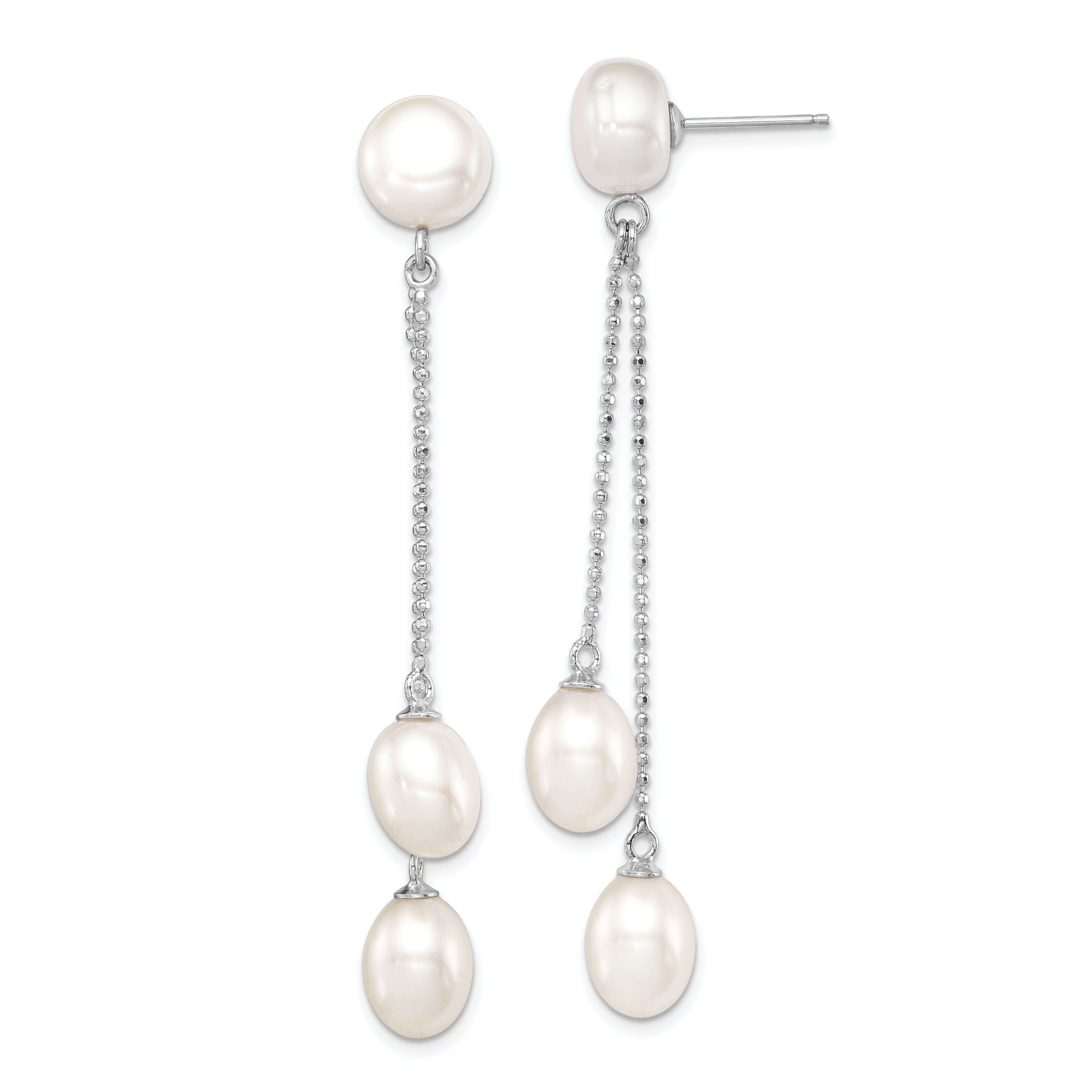 Sterling Silver Rhodium Plated Three 6-9mm White Freshwater Cultured Pearl Dangle Post Earrings