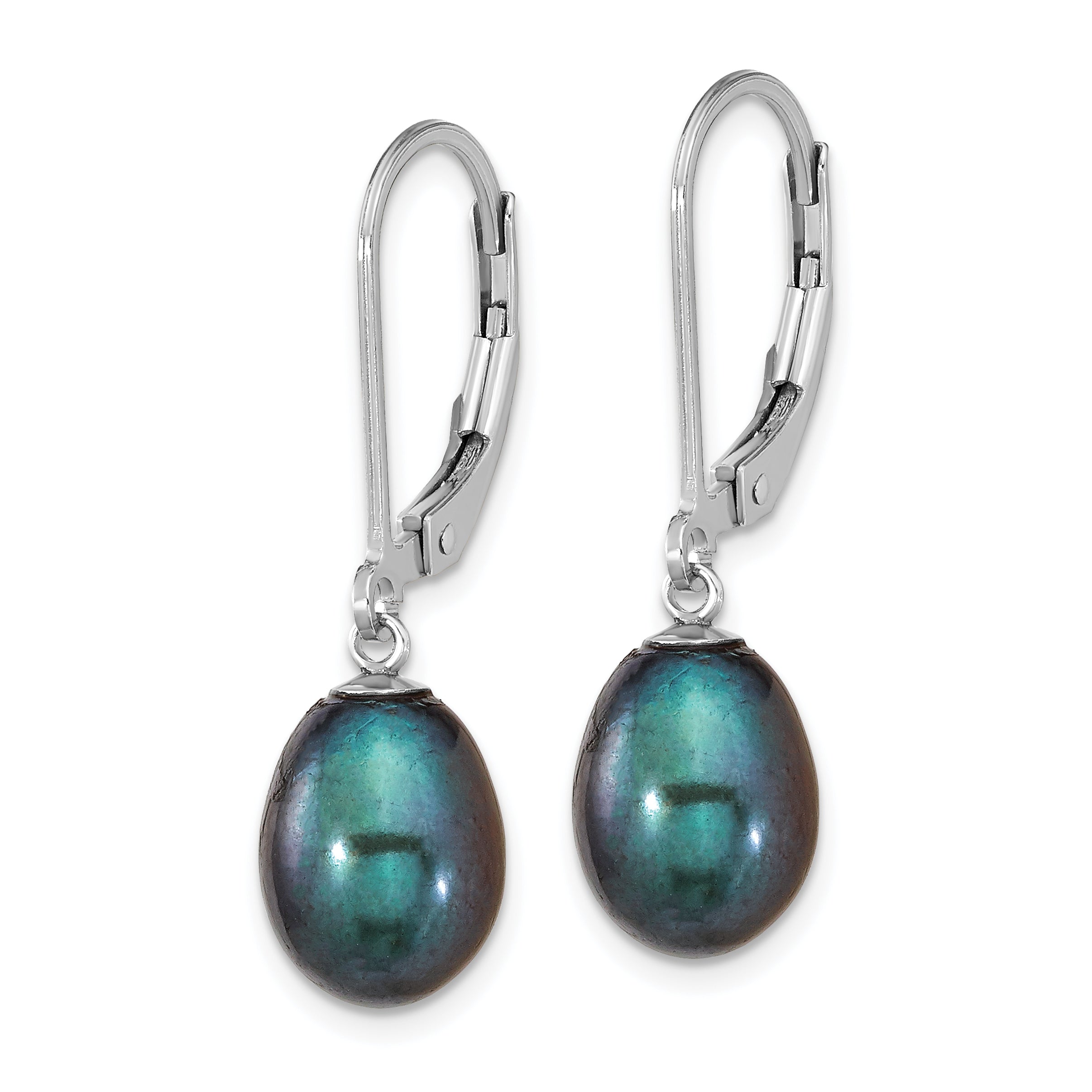 Sterling Silver Rhodium-plated Polished 7-8mm Black Freshwater Cultured Pearl Leverback Dangle Earrings