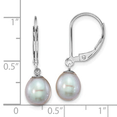 Sterling Silver Rhodium-plated Polished 7-8mm Grey Freshwater Cultured Pearl Leverback Dangle Earrings