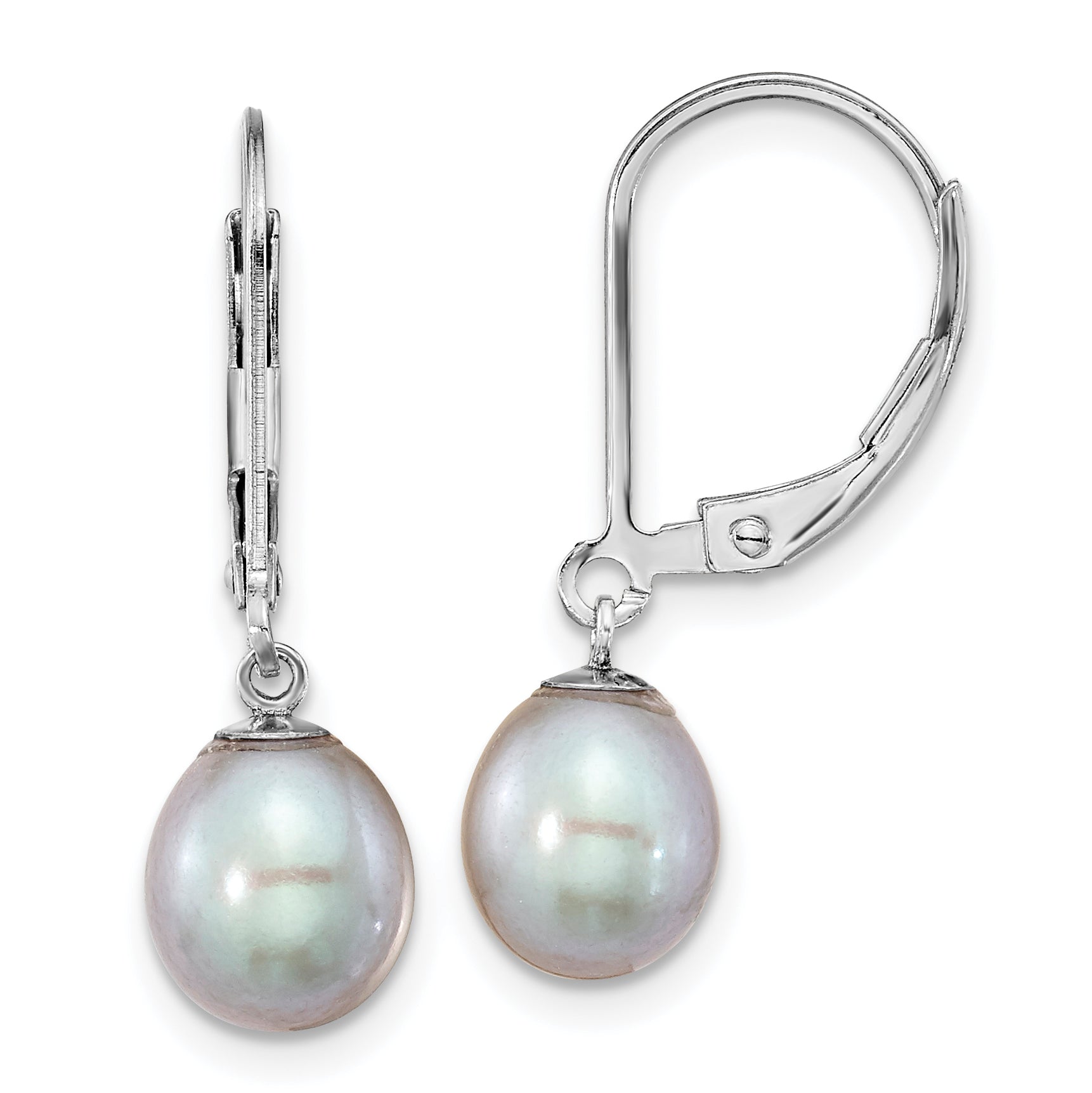 Sterling Silver Rhodium-plated Polished 7-8mm Grey Freshwater Cultured Pearl Leverback Dangle Earrings